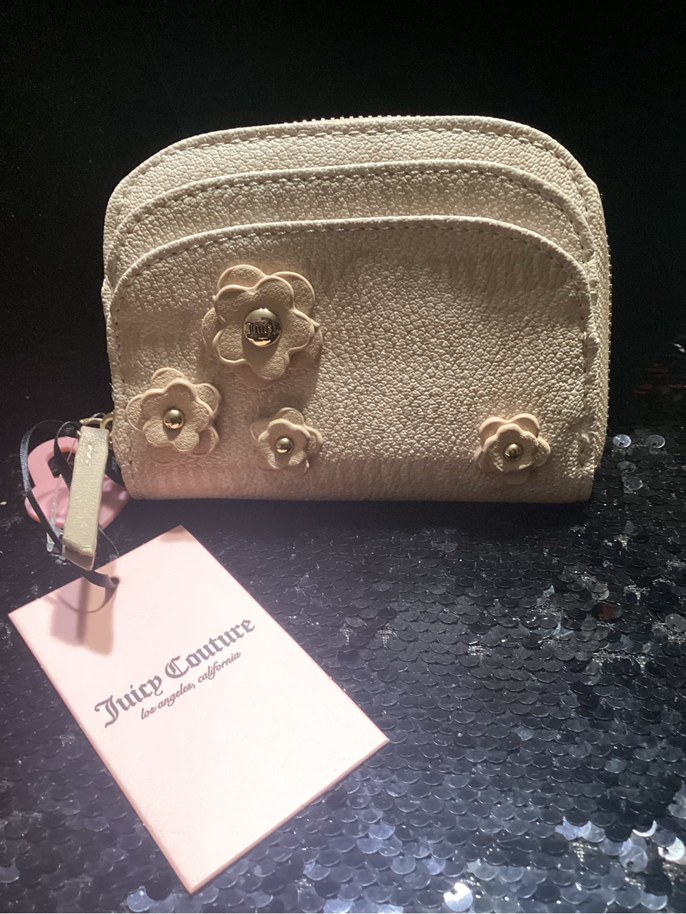 Juicy Couture Cream Floral Appliqué Zip Pouch